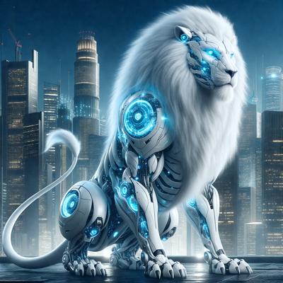 The primary subject of the image is a white lion with blue eyes, standing on a city street. The lion appears to be a futuristic robotic creature, with a mix of mechanical and organic elements. The setting is a cityscape, with tall buildings and a nighttime atmosphere. The visual style is a combination of digital art and illustration, creating a unique and captivating scene. The colors and mood of the image are predominantly dark and mysterious, with the blue eyes of the lion adding